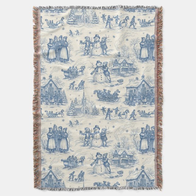 Blue Winter Toile Chinoiserie Throw Blanket (Front Vertical)