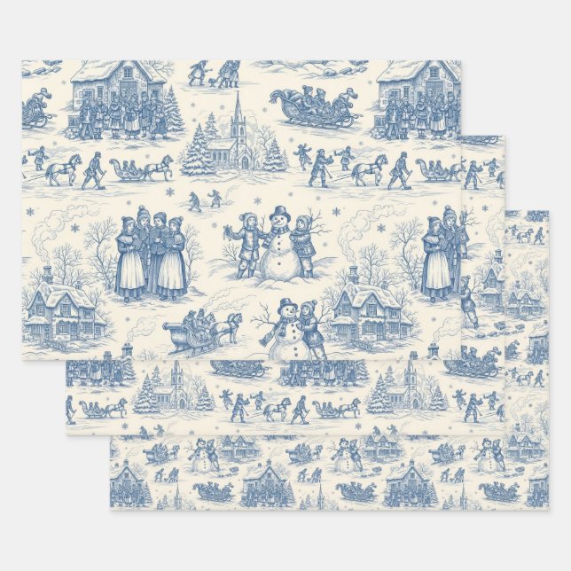 Blue Winter Toile Chinoiserie Wrapping Paper Sheet (Set)