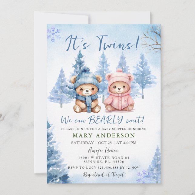 Blue Winter Twins Bear Baby Shower Invitation (Front)
