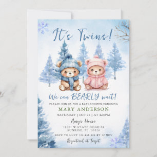 Blue Winter Twins Bear Baby Shower Invitation