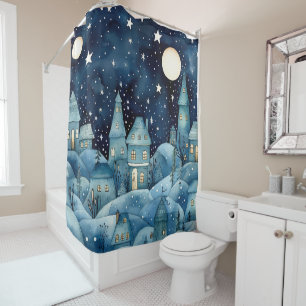 Blue Winter Village Shower Curtain