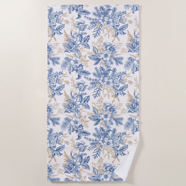 Blue Winter Vintage Flower Pattern Beach Towel (Front)