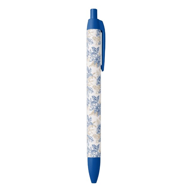 Blue Winter Vintage Flower Pattern Black Ink Pen (Bottom (Vertical))