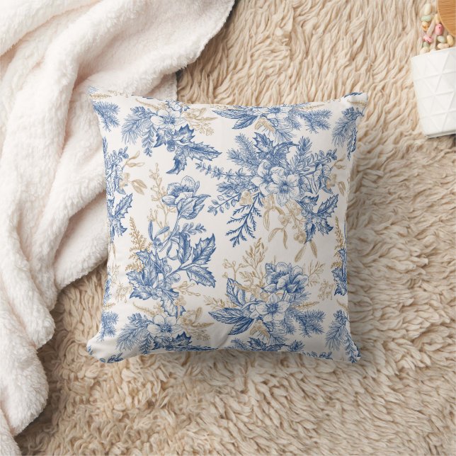 Blue Winter Vintage Flower Pattern Cushion (Blanket)