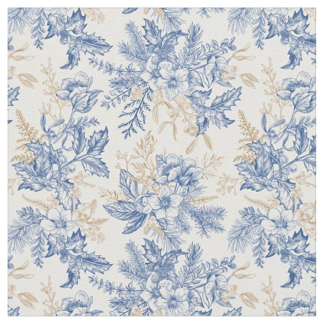 Blue Winter Vintage Flower Pattern Fabric (Close Up)