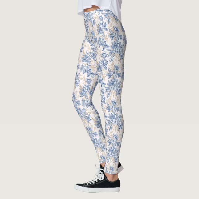Blue Winter Vintage Flower Pattern Leggings (Left)