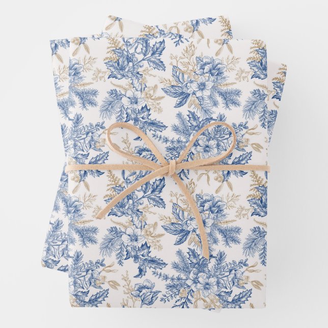 Blue Winter Vintage Flower Pattern Wrapping Paper Sheet (In situ)