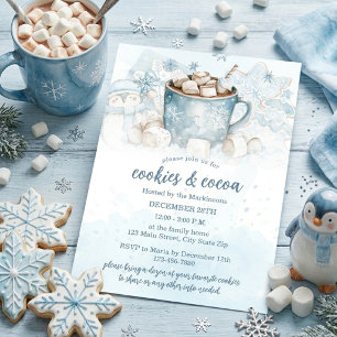 Blue Winter Watercolor Cookies and Cocoa Party Invitation