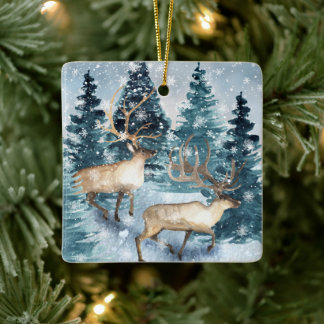 Blue Winter with Deers Ceramic Ornament
