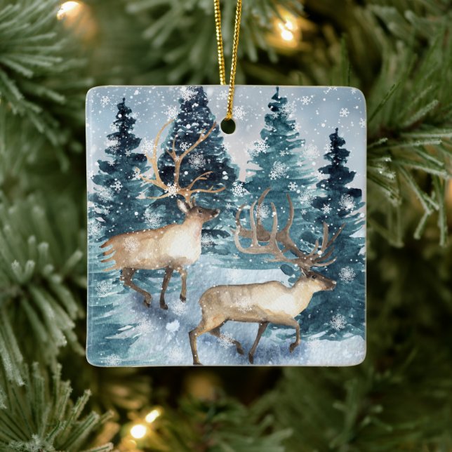 Blue Winter with Deers Ceramic Ornament (Tree)