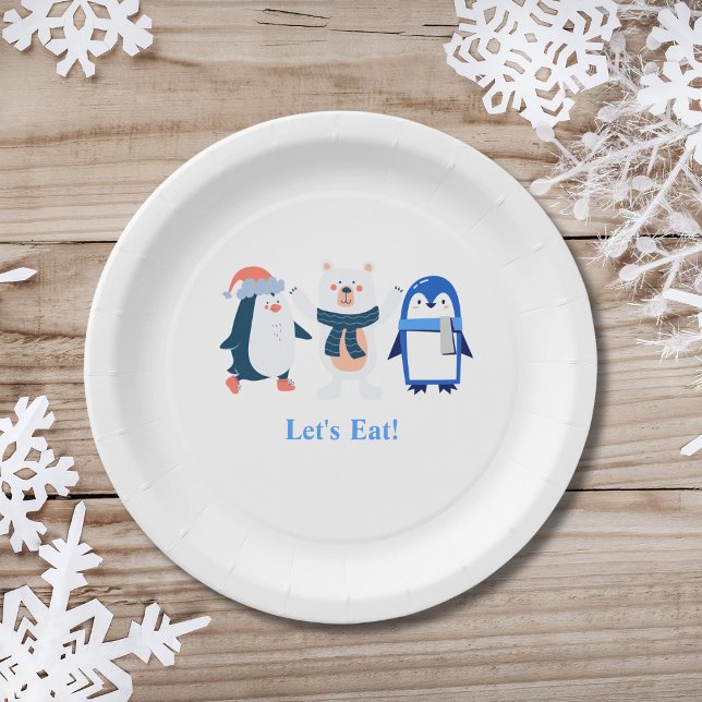 Blue winter wonderland baby penguins polar bear  paper plate (Creator Uploaded)