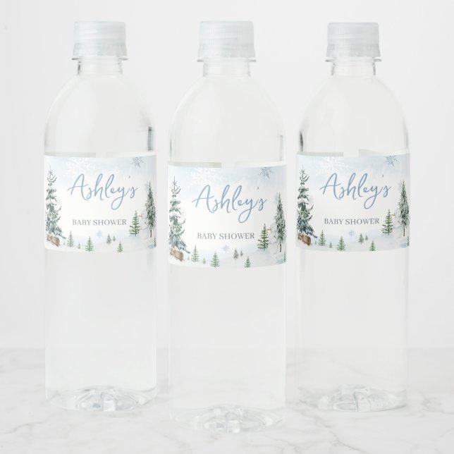 Blue Winter Wonderland Baby Shower  Water Bottle Label (Bottles)