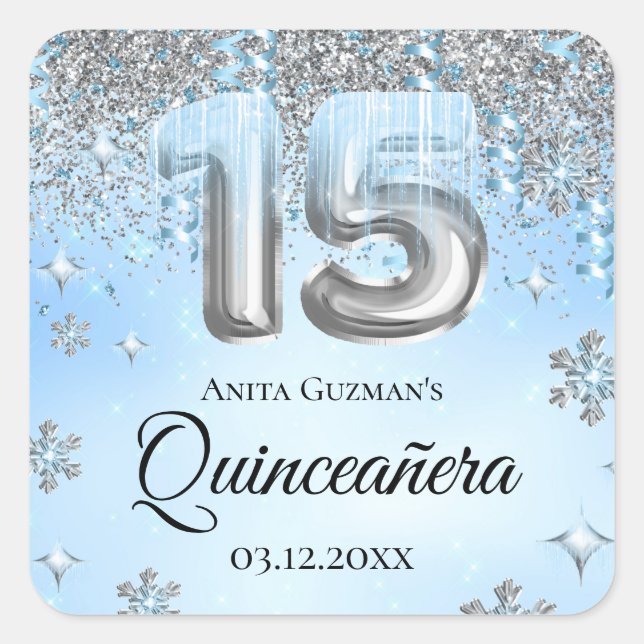 Blue Winter Wonderland Balloons Quinceanera Square Sticker (Front)