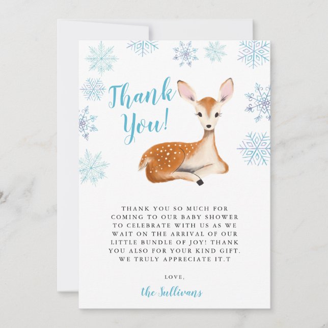 Blue Winter Wonderland Deer Baby Shower Thank You Card (Front)