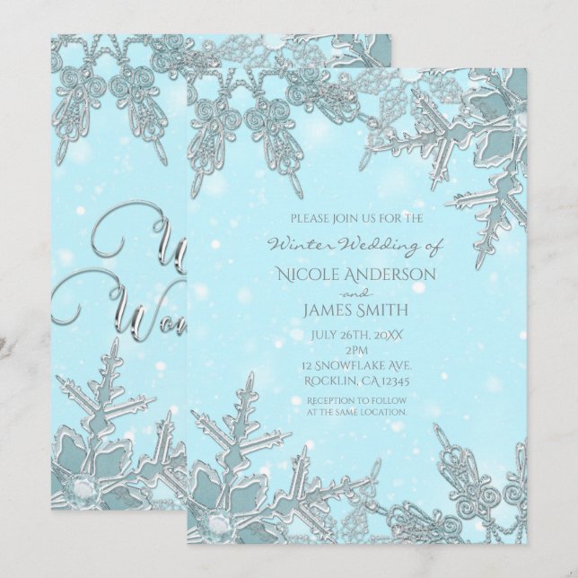 Blue Winter Wonderland Elegant Snowflakes Wedding Invitation (Front/Back)