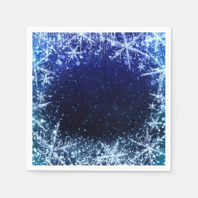 Blue Winter Wonderland Icy Snowflakes Party Napkin (Front)