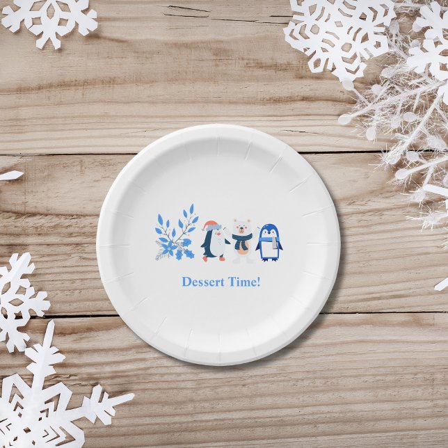 Blue winter wonderland penguins polar bear dessert paper plate (Creator Uploaded)