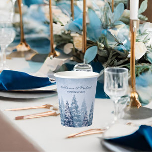 Blue Winter Wonderland Pine Christmas Wedding Paper Cups
