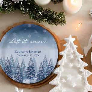 Blue Winter Wonderland Pine Christmas Wedding  Paper Plate