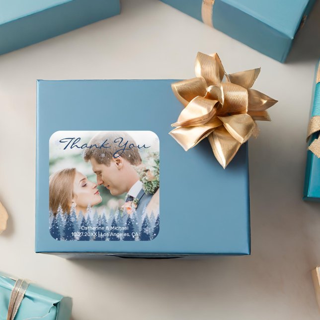 Blue Winter Wonderland Pine Christmas Wedding Square Sticker (Creator Uploaded)