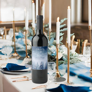 Blue Winter Wonderland Pine Christmas Wedding  Wine Label