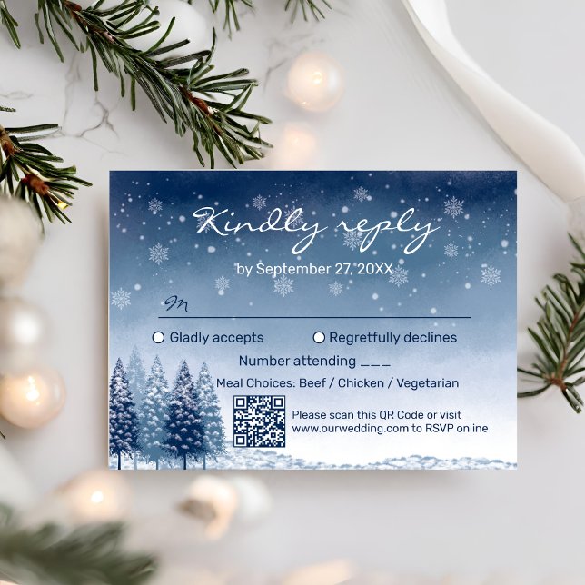 Blue Winter Wonderland QR Code Wedding RSVP Card (Creator Uploaded)
