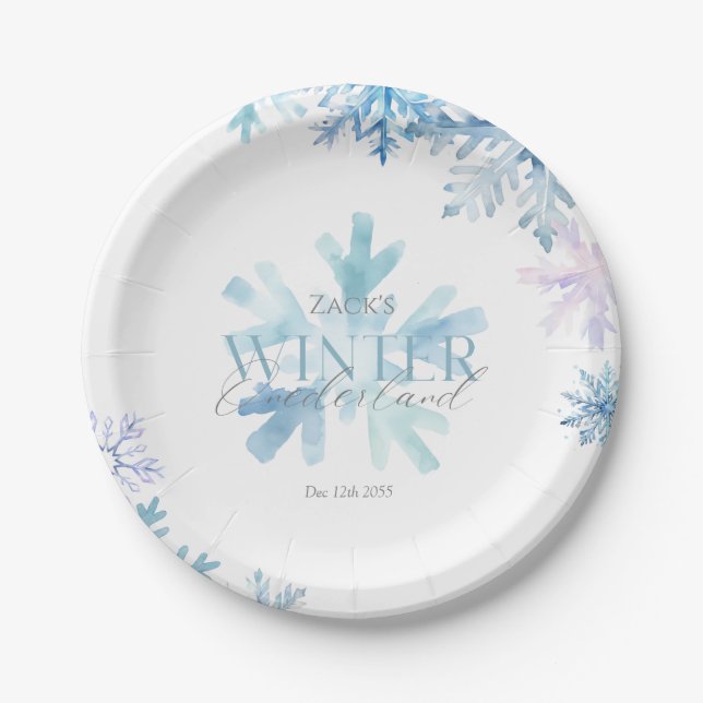 Blue Winter Wonderland Snowflake First Birthday  Paper Plate (Front)