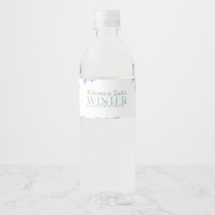 Blue Winter Wonderland Snowflake First Birthday Water Bottle Label