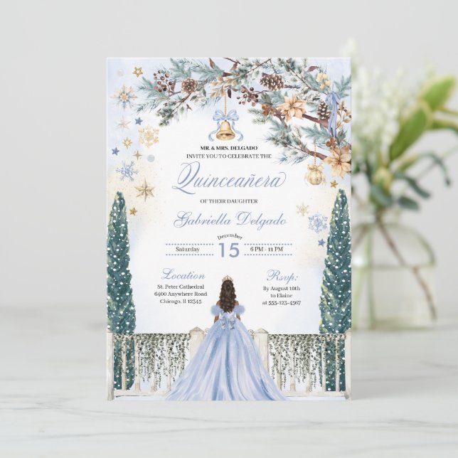 Blue Winter Wonderland Snowflake Quinceanera Invitation (Standing Front)