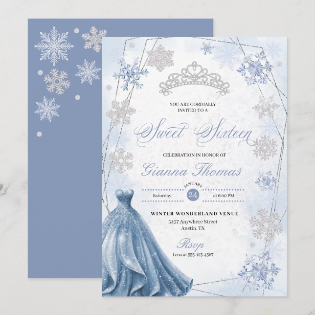 Blue Winter Wonderland Snowflake Sweet 16 Invitation (Front/Back)