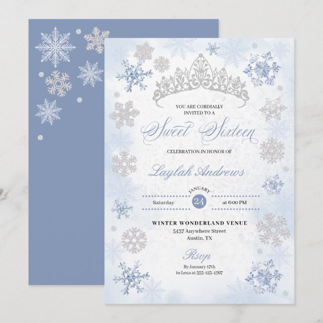 Blue Winter Wonderland Snowflake Sweet 16 Invitation (Front/Back)