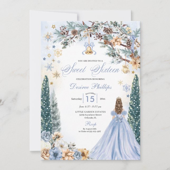 Blue Winter Wonderland Snowflake Sweet Sixteen Invitation (Front)