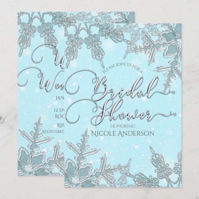 Blue Winter Wonderland Snowflakes Bridal Shower Invitation (Front/Back)