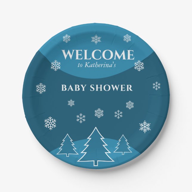 Blue winter wonderland snowflakes trees baby showe paper plate (Front)