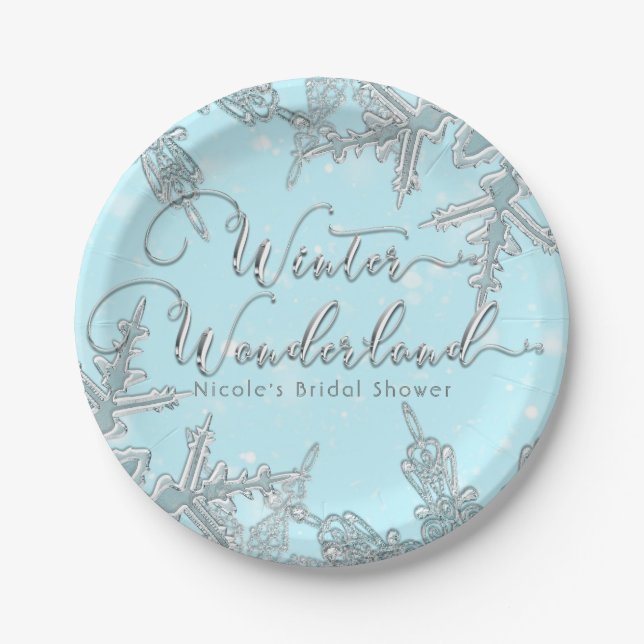 Blue Winter Wonderland Snowflakes Wedding Paper Plate (Front)