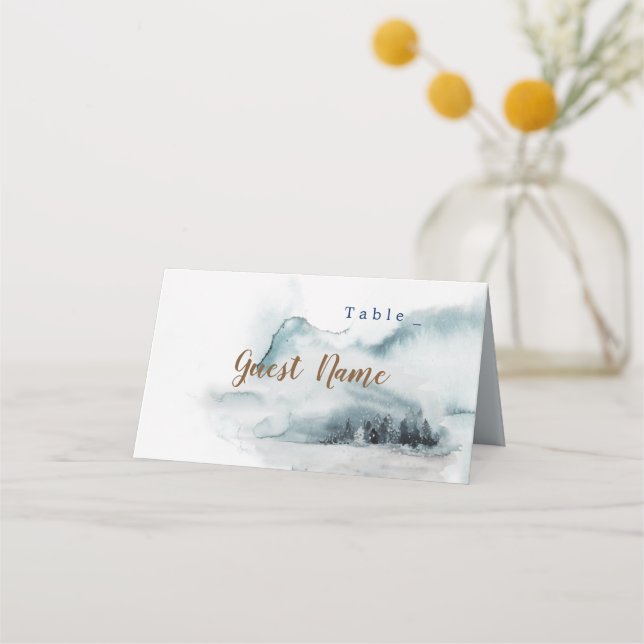Blue winter wonderland wedding place cards (Front)