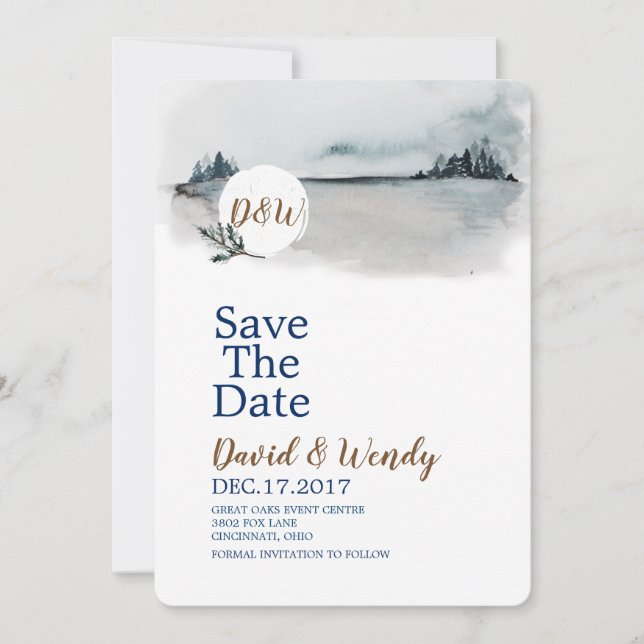 Blue Winter Wonderland Wedding save the date card (Front)