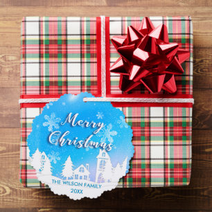 Blue Winter Wonderland White Snowy House Holiday Tree Decoration Card