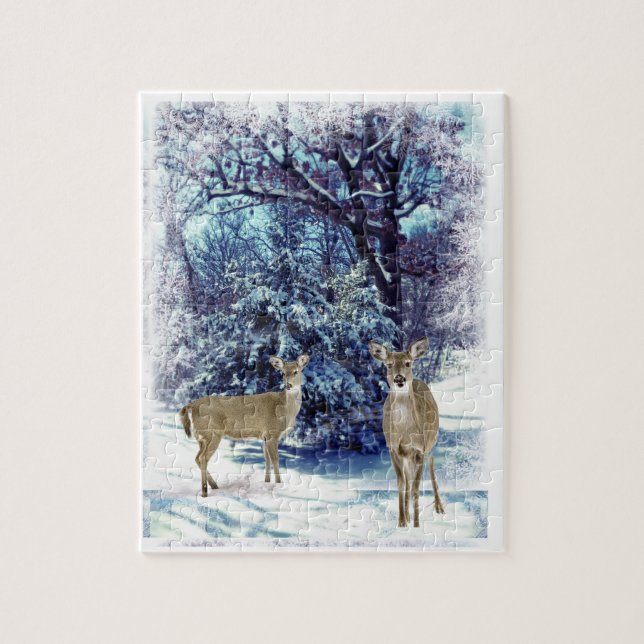 Blue Winter Wonderland with Doe Deer Jigsaw Puzzle (Vertical)