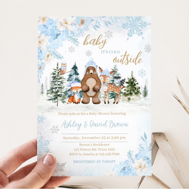 Blue Winter Woodland Animals Baby Shower Invitation (Blue Baby It's Cold Outside Baby Shower Invitation)