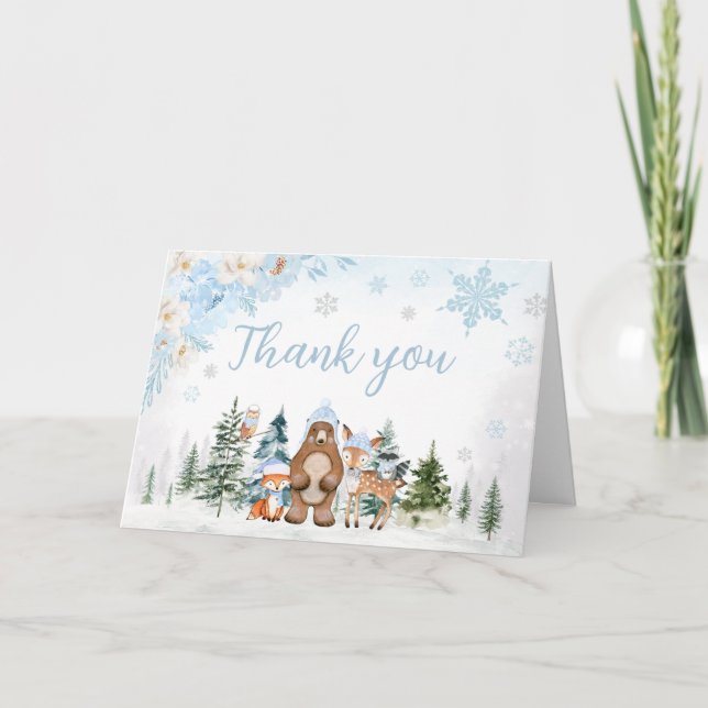 Blue Winter Woodland Animals Baby Shower Thank You Card (Front)