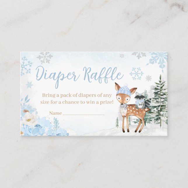 Blue Winter Woodland Animals Diaper Raffle Enclosure Card (Front)