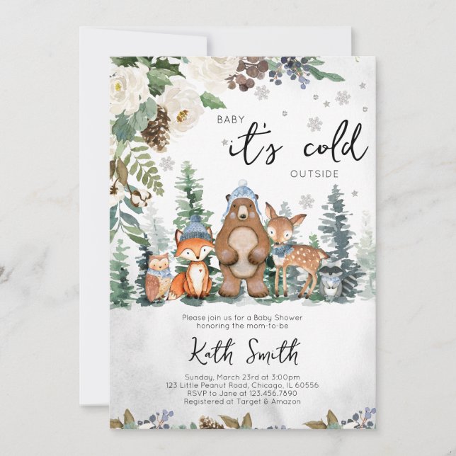 Blue Winter Woodland Baby Shower Invitation (Front)
