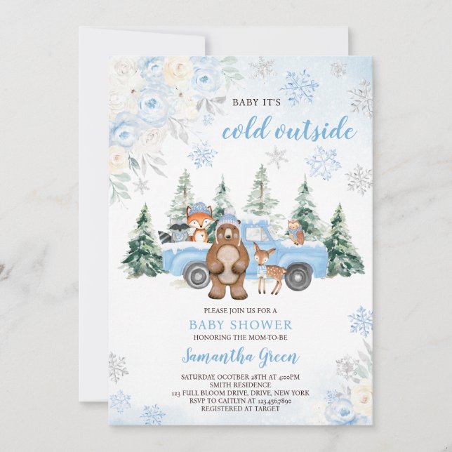 Blue Winter Woodland Baby Shower Invitation (Front)