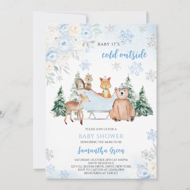 Blue Winter Woodland Baby Shower Invitation (Front)