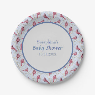 Blue Winter Woodland Cardinal Birds Baby Shower Paper Plate