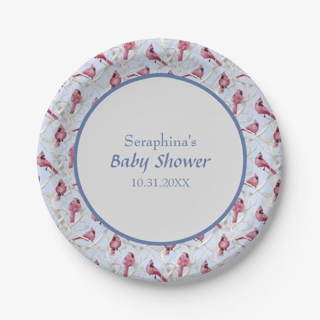 Blue Winter Woodland Cardinal Birds Baby Shower Paper Plate (Front)