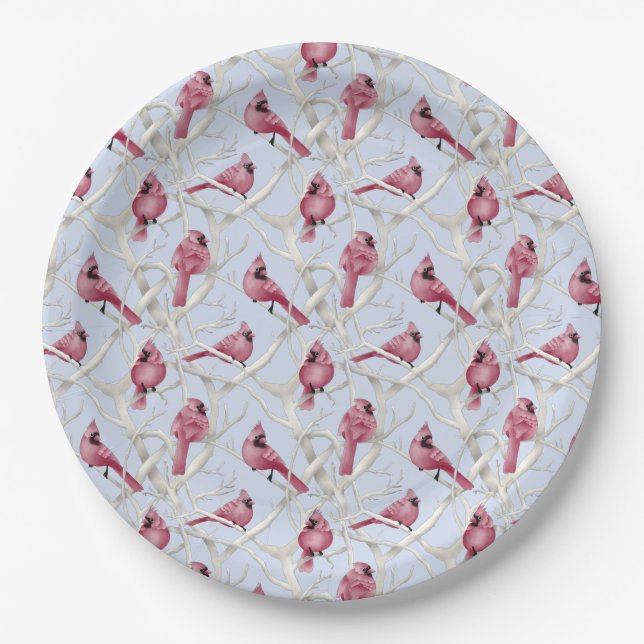 Blue Winter Woodland Christmas Cardinal Birds Paper Plate (Front)