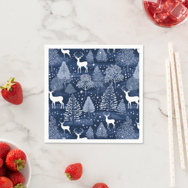Blue Winter Woodland Christmas Reindeer Holiday Napkin (Insitu)