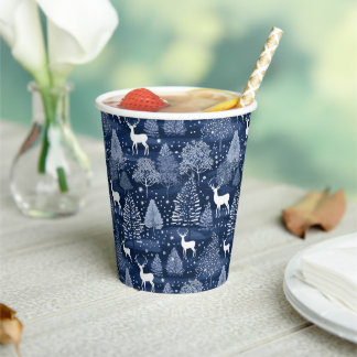 Blue Winter Woodland Christmas Reindeer Holiday Paper Cups